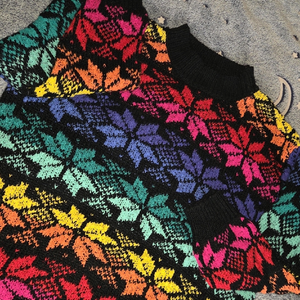 Vintage Alyssa Brooke II Rainbow Snowflake Soft Knit Sweater Clowncore Whimsy